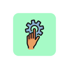 Settings line icon. Gear, cogwheel, finger. Digital technology concept. Can be used for topics like electronics, configuration, engineering
