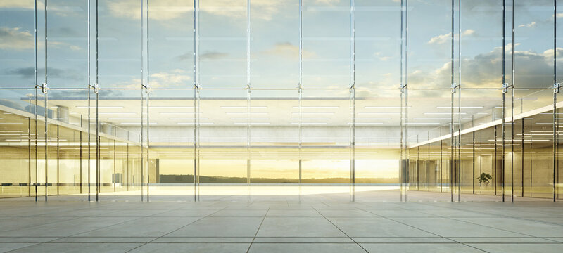 3D Modern office lobby with panoramic sunset view