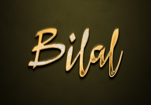 Old gold text effect of Arabic name Bilal with 3D glossy style Mockup	