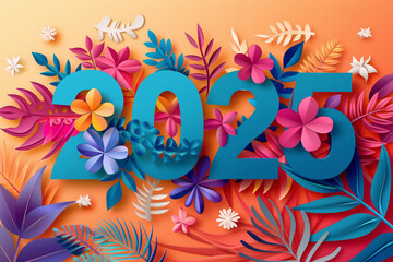 Fototapeta premium The new year 2025 celebration with flowers and leaves on orange background