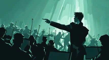 A skilled conductor leads an orchestra with dynamic, precise gestures.