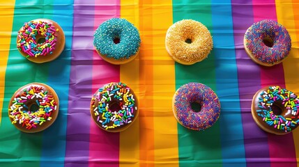 Colorful donuts topped with rainbow sprinkles displayed on a vibrant rainbow placemat