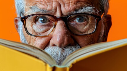  A person, wearing glasses, intently reads a book against an orange background The bookmark is positioned just ahead of his face