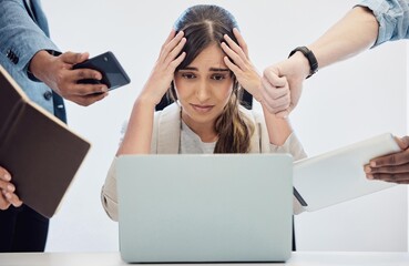 Business, woman and stress for hands with technology for multitasking, work pressure and overload or task deadline. Time management, burnout and headache of workload or delegation and overwhelmed.