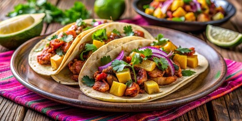 Traditional mexican tacos with meat and vegetables on wooden background. AI generated