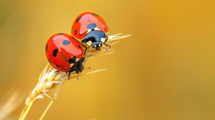 Fototapeta premium Red ladybugs A pair of seven spotted ladybugs perched on a grass stalk