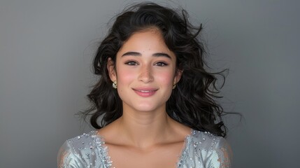  A tight shot of a woman in a dress, beaming at the camera as her hair billows in the wind