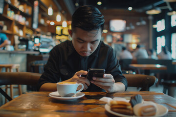 Coffee shop, business and man with smartphone, typing and texting contact for schedule and deadline. 