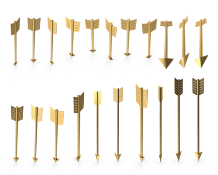 3D arrow png pointing in one direction, arrow attack, gold arrow, purpose, objective, point direction, some arrows, several arrows, different arrow, flying or firing arrow, archer, archery