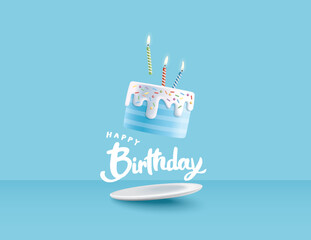 Happy Birthday celebration typography design with 3d birthday cake for greeting card, poster or banner. Vector illustration