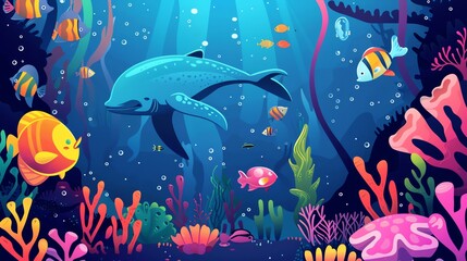 Deep ocean creatures flat design front view, marine life theme, animation, vivid