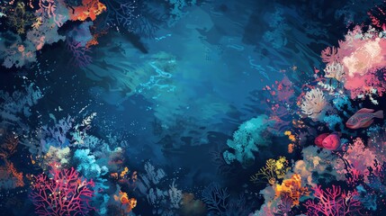 Deep ocean coral flat design top view, hidden treasure theme, water color, Tetradic color scheme