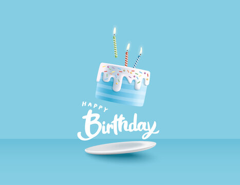 Happy Birthday celebration typography design with 3d birthday cake for greeting card, poster or banner. Vector illustration