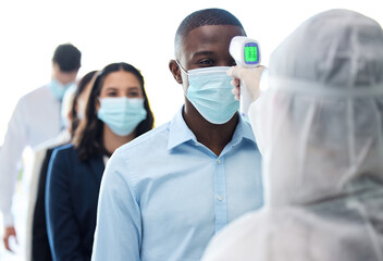 Business people, group and check temperature for safety, health and security for wellness in pandemic in work office. Team, protection and thermometer in line for covid, virus and sick agent in mask