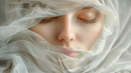  A close-up of a woman's face with her eyes closed and a veil covering her head