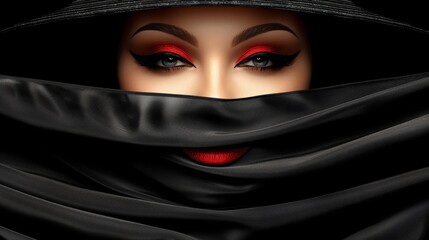 black cloth conceals it, a black hat crowns the mask