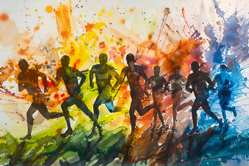A dynamic watercolor style painting capturing the essence of athletes in motion, infused with a vivid explosion of colors symbolizing the energy of the Olympic Games