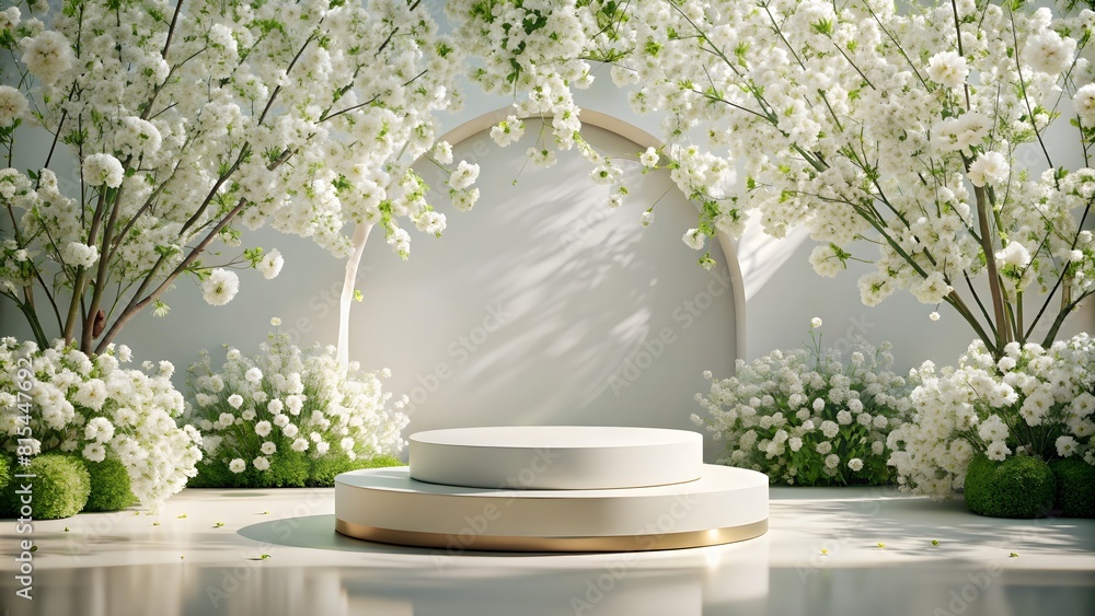 Wall mural 3d render, abstract background, round podium for product presentation, spring flowers, white petals - Wall murals