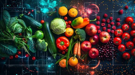 AI analyzing market trends to predict popular healthy foods  top view  Trend forecaster  digital tone  Complementary Color Scheme