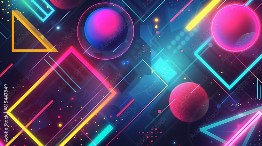 Poster a vibrant 90s style background illustration featuring an array of colorful geometric neon shapes, ev