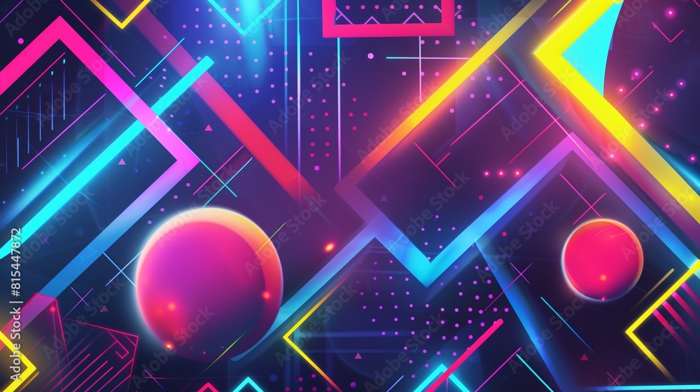 Poster a vibrant 90s style background illustration featuring an array of colorful geometric neon shapes, ev