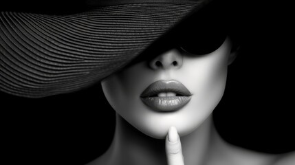  A monochrome image of a woman wearing a hat and placing a finger to her lips, concealing part of her face