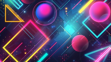 A vibrant 90s style background illustration featuring an array of colorful geometric neon shapes, evoking a sense of nostalgia with its bold patterns and bright, eye-catching hues.