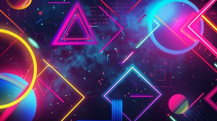A vibrant 90s style background illustration featuring an array of colorful geometric neon shapes, evoking a sense of nostalgia with its bold patterns and bright, eye-catching hues.
