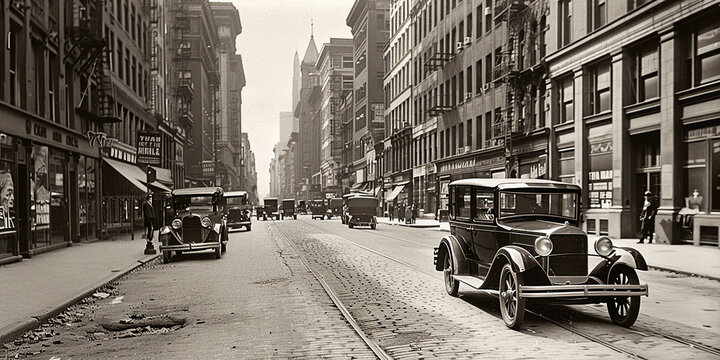 Streets and premises of a large city in the 1920s , 1930s.  and 1940. AI generative.
