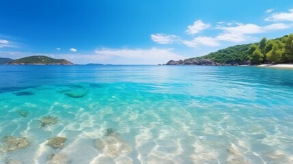 Fototapeta premium Beautiful tropical beach with blue sky and white clouds abstract texture background. Copy space of summer vacation and holiday business travel concept.