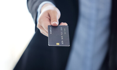 Business, man and hand with credit card for payment, buy and purchase for shopping. Rewards,...
