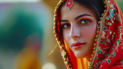 A beautiful woman in an orange sari. - Powered by Adobe