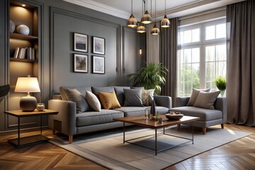 living room rendering with sofa and table, living room wall background, living room background, interior background, cozy living room background, interior design background, gray and dark atmosphere