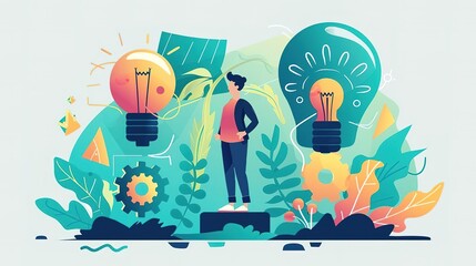 A businesswoman standing on a podium surrounded by gears and light bulbs