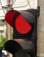 Red color at a traffic light close-up