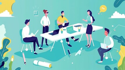 A group of professionals brainstorm ideas in a collaborative and creative work environment.