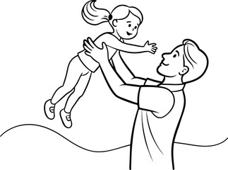 Continuous one line drawing of happy father hold up his child girl. Father is superhero. Happy father's day 