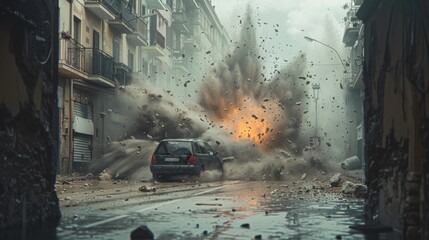 A car is destroyed in a city street with a large explosion