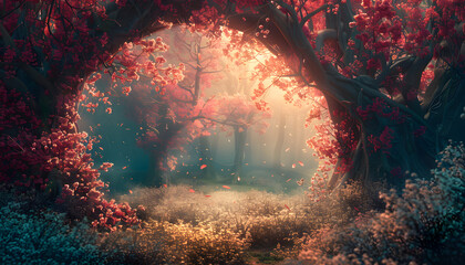 A beautiful enchanted landscape with a fantasy garden background and spring blooming trees, perfect for fairy tale banners and magical meadow scenes.