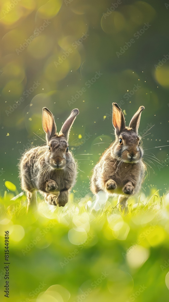 Wall mural Mesmerizing shot of European hares running through a sunlit meadow, their graceful movements and carefree spirit captured against a backdrop of soft bokeh green background. - Wall murals