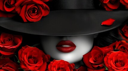  A woman's face is framed by red roses She wears a black hat with a brim