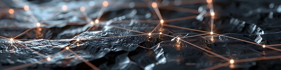 A sprawling digital landscape with nodes in bright silver connected by glowing graphite lines on a dark slate background
