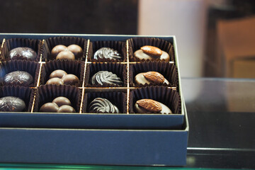  sweet chocolate candy in a box displaying at shop 
