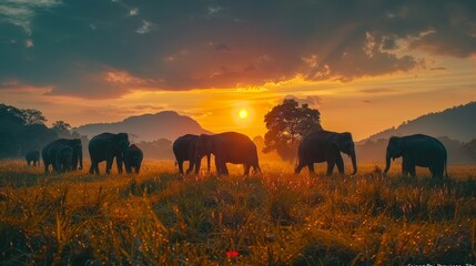 A herd of elephants are walking through a field at sunset