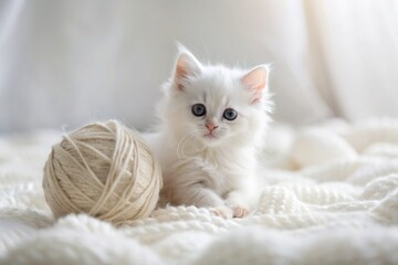 Pets. A small fluffy white kitten is playing with a ball of yarn on a white bed. A curious kitten lies on a white blanket and looks at the camera. Textiles, knitting.