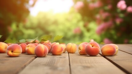 Ripe peaches on wooden table with peach tree background. A bunch of fresh peaches was placed on a wooden table with peach tree with blurring background. Harvest and organic fruit concept. AIG35.