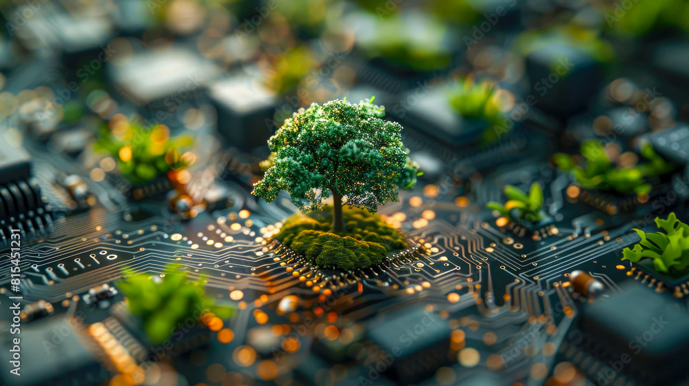 Poster green tree on microcircuit board. biotechnology and science concept backgroun