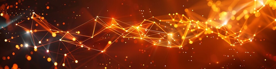 A vibrant abstract background with interconnected nodes in neon orange and connections in glossy gold