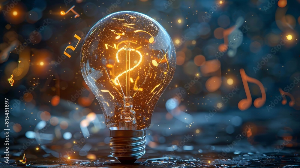 Wall mural creativity and design: a 3d vector illustration of a lightbulb with musical notes and instruments in