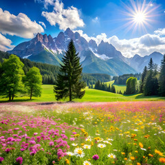 green meadow with flowers and trees on the backgr